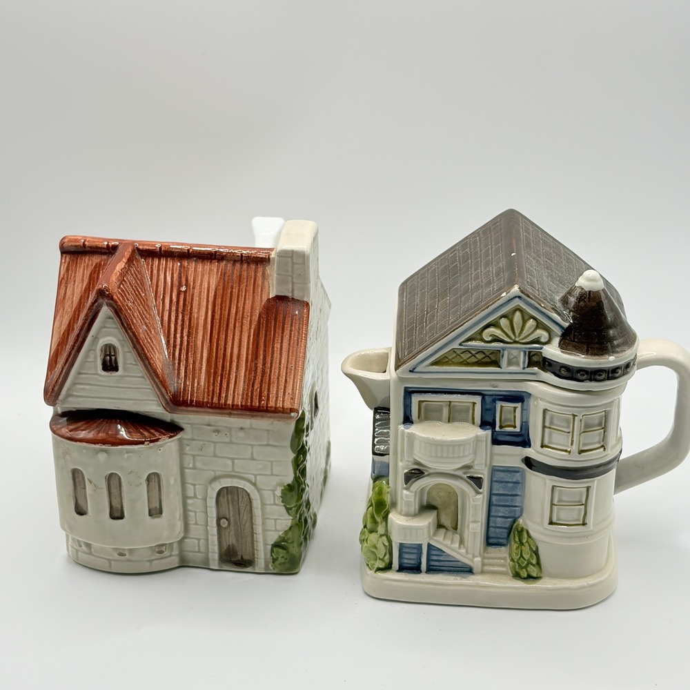 Otagiri 1980 Victorian House Cottage Ceramic Sugar Bowl and Creamer Set Japan
